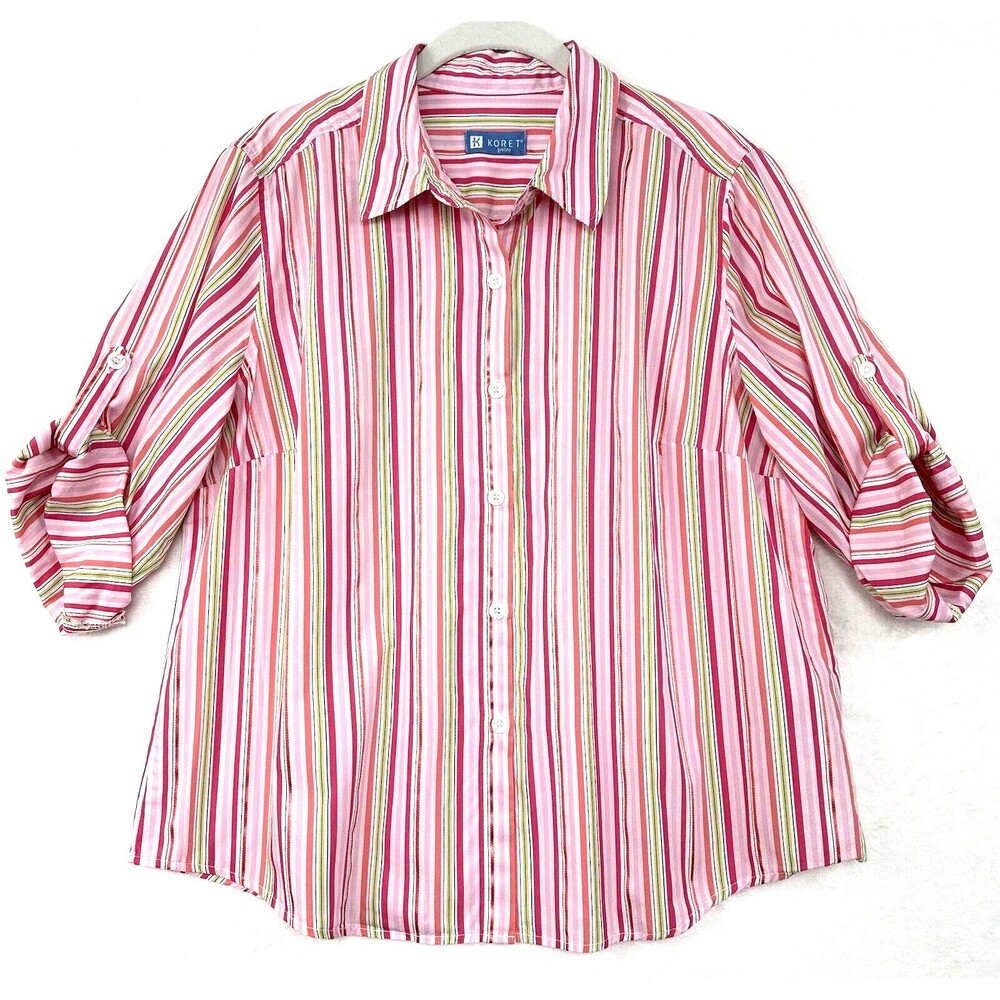 Koret Womens Petite L Striped Button-Up 3/4 Roll-Tab Sleeve Blouse Multicolor